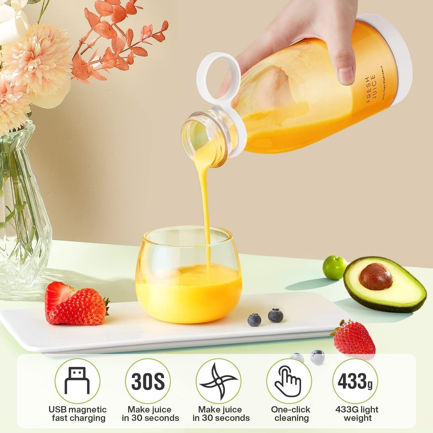 Portable Mini Blender for Fresh Juice, 4 Blade Portable Electric USB Juice Maker/Personal Size Blender for Juices, Shakes and Smoothies
